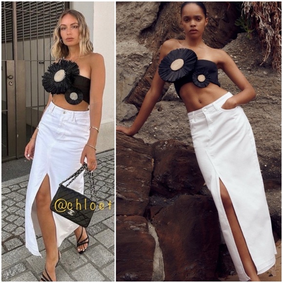 Zara White Denim Midi Skirt High Front Slit High Waisted Women's Size XS - Picture 1 of 16
